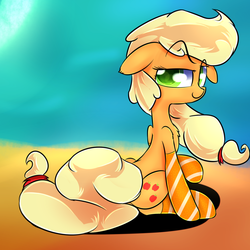 Size: 1024x1024 | Tagged: safe, artist:madacon, applejack, earth pony, pony, g4, chest fluff, clothes, female, human shoulders, mare, sitting, socks, solo, striped socks