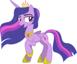 Size: 3618x3000 | Tagged: safe, artist:theshadowstone, twilight sparkle, alicorn, pony, g4, bedroom eyes, crown, element of magic, ethereal mane, female, high res, hilarious in hindsight, mare, necklace, new crown, older, open mouth, raised hoof, simple background, smiling, solo, transparent background, twilight sparkle (alicorn), ultimate twilight