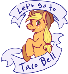 Size: 900x984 | Tagged: dead source, safe, artist:asofterbucky, applejack, g4, fast food, female, mouthpiece, old banner, parody, solo, taco, taco bell