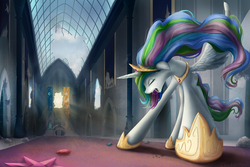 Size: 3000x2000 | Tagged: safe, artist:chickentech, princess celestia, alicorn, pony, g4, agony, banner, crying, depressedia, drool, drool string, element of laughter, element of loyalty, element of magic, elements of harmony, eyes closed, female, foreshortening, high res, mare, perspective, ruins, sad, scene interpretation, solo, spread wings