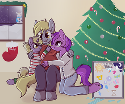 Size: 1000x832 | Tagged: safe, artist:lulubell, amethyst star, derpy hooves, dinky hooves, sparkler, anthro, g4, awwmethyst star, christmas, christmas tree, clothes, crying, cute, derpabetes, dinkabetes, equestria's best daughter, equestria's best mother, equestria's other best daughter, group hug, happy, hearth's warming, hug, kneeling, open mouth, present, sitting, smiling, sweater, tears of joy, tree, underp, unshorn fetlocks, window