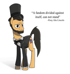 Size: 2447x2601 | Tagged: safe, artist:fimflamfilosophy, pony, abraham lincoln, american civil war, american presidents, beard, bowtie, civil war, clothes, frown, glare, hat, high res, horse news, ponified, quote, shadow, solo, top hat