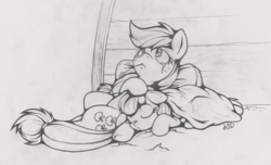 Size: 3060x1856 | Tagged: safe, artist:dfectivedvice, apple bloom, applejack, g4, blanket, crying, eyes closed, floppy ears, grayscale, looking up, monochrome, mouth hold, on back, pouting, prone, sad, sisters, sleeping, snuggling, traditional art