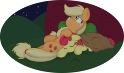 Size: 6500x3844 | Tagged: safe, artist:dfectivedvice, artist:hourglass-vectors, apple bloom, applejack, g4, .svg available, adorabloom, applebetes, blanket, colored, crying, cute, jackabetes, night, sad, simple background, sisters, sleeping, transparent background, vector