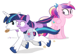 Size: 1050x750 | Tagged: safe, artist:dm29, princess cadance, shining armor, twilight sparkle, alicorn, pony, unicorn, g4, colt, colt shining armor, cookie, cross-eyed, female, filly, filly twilight sparkle, frown, gritted teeth, male, mouth hold, ponies riding ponies, riding, running, shrunken pupils, simple background, transparent background, trio, twilight riding shining armor, vector, wide eyes, younger