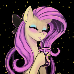 Size: 675x675 | Tagged: safe, artist:lumineko, fluttershy, g4, coffee, eyeshadow, female, iced coffee, makeup, solo