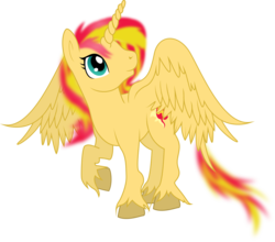 Size: 3411x3000 | Tagged: safe, artist:theshadowstone, sunset shimmer, alicorn, pony, g4, alicornified, female, high res, looking up, race swap, raised hoof, shimmercorn, simple background, smiling, solo, spread wings, transparent background, unshorn fetlocks