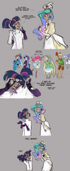 Size: 900x2208 | Tagged: safe, artist:egophiliac, applejack, fluttershy, pinkie pie, princess celestia, rainbow dash, rarity, trixie, twilight sparkle, human, robot, steamquestria, g4, arms in the air, artificial intelligence, clothes, comic, dialogue, dress, eyes closed, eyeshadow, gloves, goggles, hand on hip, hat, humanized, inconvenient trixie, lab coat, mad scientist, makeup, mane six, open mouth, pony coloring, scientist, smiling, steampunk, text, woonoggles, yay