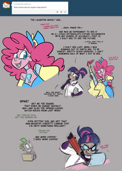Size: 1100x1534 | Tagged: safe, artist:egophiliac, pinkie pie, spike, twilight sparkle, human, robot, steamquestria, g4, artificial intelligence, ask, clothes, colored pupils, comic, goggles, gray background, humanized, lab coat, mad scientist, pony coloring, scientist, sharp teeth, simple background, steampunk, tumblr