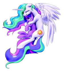Size: 2727x3042 | Tagged: safe, artist:nadnerbd, princess celestia, twilight sparkle, alicorn, pony, unicorn, g4, cute, cutelestia, ears back, female, height difference, high res, hug, lesbian, long mane, long tail, mare, momlestia, partially open wings, sad, ship:twilestia, shipping, simple background, slender, snuggling, spooning, tail, thin, transparent background, twiabetes, wings