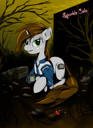 Size: 880x1200 | Tagged: dead source, safe, artist:hereticofdune, oc, oc only, oc:littlepip, pony, unicorn, fallout equestria, clothes, cloud, cloudy, cutie mark, dead tree, fanfic, fanfic art, female, hooves, horn, jumpsuit, lying down, mare, pipbuck, prone, solo, tree, vault suit, wasteland