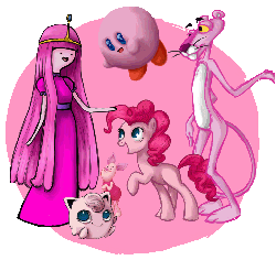 Size: 1836x1734 | Tagged: dead source, safe, artist:shirl-ame, pinkie pie, earth pony, jigglypuff, panther, pig, pony, puffball, g4, adventure time, crossover, gif, kirby, kirby (series), male, non-animated gif, piglet, pink, pink panther, pokémon, princess bubblegum, winnie the pooh