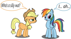 Size: 2572x1435 | Tagged: safe, artist:miroslav46, applejack, rainbow dash, pony, g4, floppy ears, frown, glare, looking away, nervous, open mouth, silly, silly pony, who's a silly pony