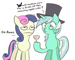 Size: 700x560 | Tagged: artist needed, source needed, safe, bon bon, lyra heartstrings, sweetie drops, g4, :|, bon bon is not amused, cider, classy, dialogue, drink, duo, glass, hat, l.u.l.s., monocle, simple background, top hat, translation, unamused, white background
