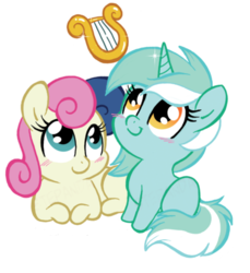 Size: 400x437 | Tagged: safe, artist:stepandy, bon bon, lyra heartstrings, sweetie drops, earth pony, pony, unicorn, g4, blushing, chibi, duo, lyre, prone, simple background, sitting, smiling, transparent background