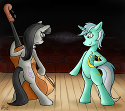 Size: 2797x2480 | Tagged: safe, artist:bingodingo, lyra heartstrings, octavia melody, g4, bipedal, cello, double bass, high res, looking at each other, lyre, musical instrument, stage