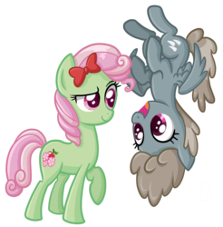 Size: 2340x2376 | Tagged: safe, artist:thecheeseburger, dust devil, florina tart, g4, apple family member, background pony, duo, high res