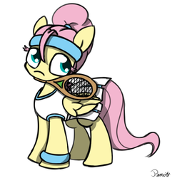 Size: 1446x1500 | Tagged: safe, artist:ramott, fluttershy, pony, g4, alternate hairstyle, clothes, female, headband, mouth hold, skirt, solo, tennis, tennis racket