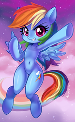 Size: 900x1450 | Tagged: dead source, safe, artist:feli, rainbow dash, pegasus, pony, semi-anthro, g4, belly button, cloud, cute, dashabetes, female, pixiv, rainbow trail, sky, smiling, solo, wide hips