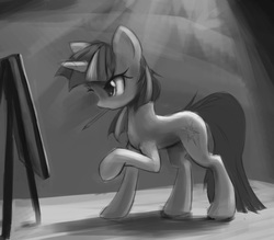 Size: 685x600 | Tagged: safe, artist:fajeh, twilight sparkle, pony, unicorn, g4, black and white, female, grayscale, mare, monochrome, mouth hold, pencil, solo, unicorn twilight