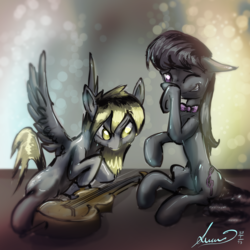 Size: 5000x5000 | Tagged: safe, artist:alumx, derpy hooves, octavia melody, earth pony, pegasus, pony, g4, absurd resolution, cello, creepy, female, mare, musical instrument, underp