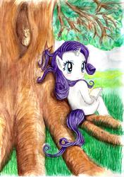 Size: 4884x6918 | Tagged: safe, rarity, bird, owl, anthro, g4, absurd resolution, ambiguous facial structure, book, cute, female, looking at you, solo, traditional art, tree, watercolor painting