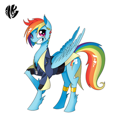 Size: 3000x3000 | Tagged: safe, artist:inkypsycho, rainbow dash, pegasus, pony, fallout equestria, g4, dog tags, fanfic, fanfic art, female, high res, hooves, mare, ministry mares, piercing, simple background, smiling, solo, teeth, white background, wings