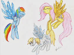 Size: 1131x832 | Tagged: safe, artist:farcomania, derpy hooves, fluttershy, rainbow dash, pegasus, pony, g4, facehoof, female, flying, mare, traditional art