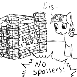 Size: 550x550 | Tagged: safe, artist:wolferahm, twilight sparkle, twilight velvet, g4, book fort, lineart, monochrome, spoiler