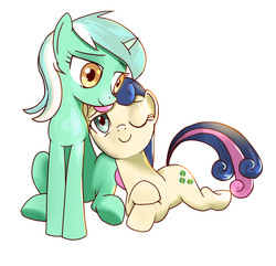 Size: 2231x2152 | Tagged: safe, artist:gashiboka, bon bon, lyra heartstrings, sweetie drops, earth pony, pony, unicorn, g4, female, high res, lesbian, ship:lyrabon, shipping, simple background, white background