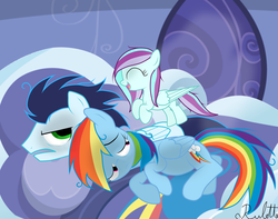 Size: 1024x808 | Tagged: dead source, safe, artist:rulette, rainbow dash, soarin', oc, oc:crisp breeze, g4, annoyed, bed, cute, eyes closed, female, filly, frown, grumpy, happy, jumping, male, offspring, on side, open mouth, parent:rainbow dash, parent:soarin', parents:soarindash, preggo dash, pregnant, ship:soarindash, shipping, sleeping, smiling, straight, trio