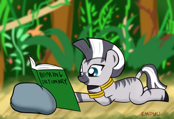 Size: 1000x684 | Tagged: safe, artist:empyu, zecora, zebra, g4, book, dictionary, female, filly, reading, rhyme, solo