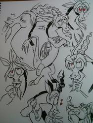 Size: 612x816 | Tagged: safe, artist:brenda hickey, idw, discord, g4, angry, comic, expressions, heart, innocent, lineart, tongue out, traditional art