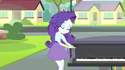 Size: 500x281 | Tagged: safe, screencap, rarity, equestria girls, g4, my little pony equestria girls: rainbow rocks, player piano, animated, beautiful, blinking, boots, bracelet, clothes, cute, fabulous, female, flirting, gif, hair flip, hairpin, high heel boots, jewelry, lidded eyes, messy hair, musical instrument, piano, raribetes, shoes, skirt, solo