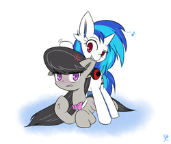 Size: 658x552 | Tagged: safe, artist:ranban, dj pon-3, octavia melody, vinyl scratch, g4, ear bite, female, lesbian, octavia is not amused, ship:scratchtavia, shipping, unamused