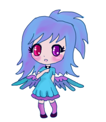 Size: 322x370 | Tagged: safe, artist:moekonya, oc, oc only, oc:shiny dawn, human, :o, blushing, choker, clothes, colored wings, dress, female, gradient wings, humanized, simple background, solo, spread wings, winged humanization