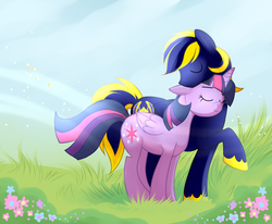 Size: 3012x2480 | Tagged: dead source, safe, artist:strychninehellfriend, twilight sparkle, oc, oc:zephyr, alicorn, pony, g4, canon x oc, commission, crepuscular rays, duo, eyes closed, female, field, floppy ears, flower, grass, high res, male, mare, neck nuzzle, nuzzling, raised hoof, shipping, smiling, straight, twilight sparkle (alicorn), twiphyr