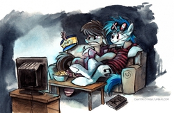 Size: 800x520 | Tagged: safe, artist:kenket, artist:spainfischer, dj pon-3, octavia melody, vinyl scratch, earth pony, pony, unicorn, g4, canterlot high, canterlot high blog, clothes, couch, cute, duo, female, mare, smiling, socks, tavibetes, television, underhoof, vinylbetes