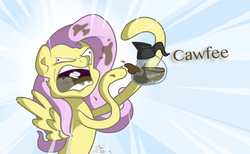 Size: 978x604 | Tagged: safe, artist:trace-101, fluttershy, g4, broken glass, coffee, drinking, eating, female, open mouth, solo, wide eyes, yelling