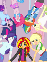 Size: 500x658 | Tagged: safe, artist:imtailsthefoxfan, applejack, fluttershy, pinkie pie, rainbow dash, rarity, sunset shimmer, twilight sparkle, human, equestria girls, g4, base used, clothes, female, group photo, humane five, humane seven, humane six, looking at you, overhead view, smiling, smiling at you