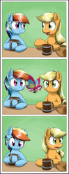 Size: 1592x4011 | Tagged: safe, artist:otakuap, applejack, pinkie pie, rainbow dash, moth, mothpony, original species, g4, apple cider, bongos, cider, comic, mug, musical instrument, pinkie being pinkie, species swap