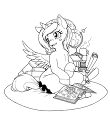 Size: 867x985 | Tagged: safe, artist:longinius, princess luna, alicorn, pony, g4, book, cute, elements of harmony, female, filly, globe, grayscale, hat, monochrome, nightcap, scroll, solo, telescope, woona, younger