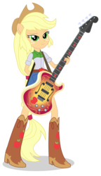 Size: 2639x4583 | Tagged: safe, artist:negasun, applejack, equestria girls, g4, my little pony equestria girls: rainbow rocks, bass guitar, boots, clothes, cowboy boots, cowboy hat, denim skirt, female, freckles, hat, musical instrument, ponied up, shoes, simple background, skirt, solo, stetson, transparent background