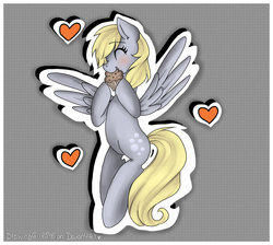 Size: 1024x919 | Tagged: safe, artist:drawing-heart, derpy hooves, pegasus, pony, g4, eating, female, heart, mare, muffin, solo, that pony sure does love muffins