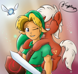Size: 900x855 | Tagged: safe, artist:bugplayer, earth pony, human, pony, duo, epona, epony, female, link, mare, navi, ponies riding humans, ponified, riding, the legend of zelda