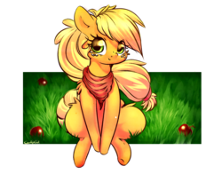 Size: 2189x1717 | Tagged: safe, artist:carligercarl, applejack, g4, apple, bandana, female, food, grass, looking at you, sitting, solo