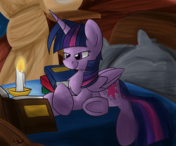 Size: 1800x1500 | Tagged: safe, artist:luximus17, twilight sparkle, alicorn, pony, g4, book, candle, female, folded wings, indoors, mare, prone, reading, solo, twilight sparkle (alicorn), underhoof, wings