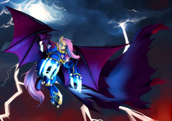 Size: 1400x990 | Tagged: safe, artist:bakki, fluttershy, g4, armor, cape, clothes, crossover, fangs, female, flutterbadass, flutterbat, flying, konrad curze, lightning, lightning claw, mercy and forgiveness, primarch, solo, terminator armor, warhammer (game), warhammer 30k, warhammer 40k