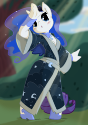 Size: 700x1000 | Tagged: safe, artist:atryl, artist:mikash91, princess luna, rarity, anthro, unguligrade anthro, g4, blushing, breasts, cleavage, clothes, colored, cute, dress, dressup, female, kimono (clothing), lunarity, raribetes, scene interpretation, solo, tree, wig