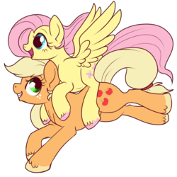 Size: 577x576 | Tagged: safe, artist:lulubell, applejack, fluttershy, g4, open mouth, ponies riding ponies, riding, running, simple background, spread wings, transparent background